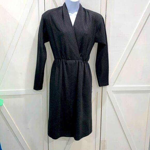 Givenchy Couture VTG 80's Wool Faux Wrap Padded Shoulders V-Neck Cocktail Dress - Picture 1 of 8
